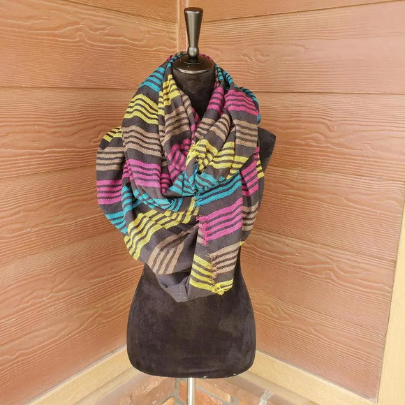 Target Black Multi-Color Fringe Edge Woven Striped Scarf EUC - Picture 2 of 16